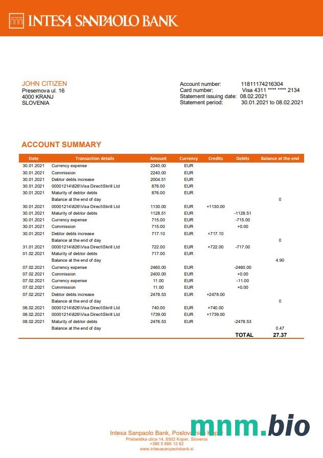 Słowenia Factor Banka wzór wyciągu bankowego w formacie Word i PDF